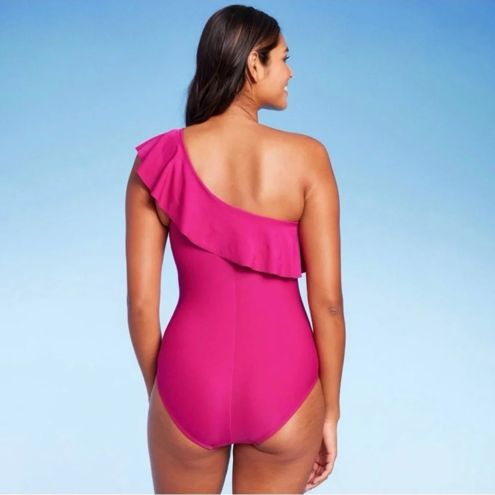 Kona Sol Magenta Pink Ruffle One Shoulder One Piece Swimsuit